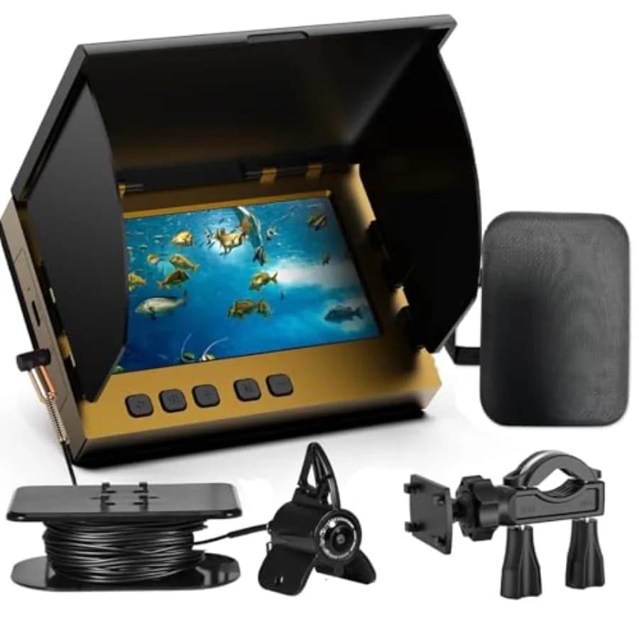 Telecamera Subacquea per Pesca da 4,3 Pollici con Cavo da 65 Piedi 220 ° Telecamera Ultra Grandangolare con 21 Luci IR e Visione Notturna, Borsa Portatile, 5000mA