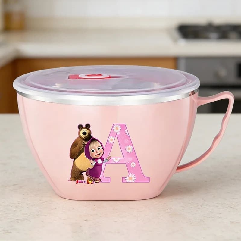 Ciotola per Noodle in Acciaio Inox Mashas Bears, Ciotole Isolate con Coperchio, Scatola Pranzo Anime con Lettere A-Z, Grande Ciotola Portatile per Casa, Regalo per Ragazze