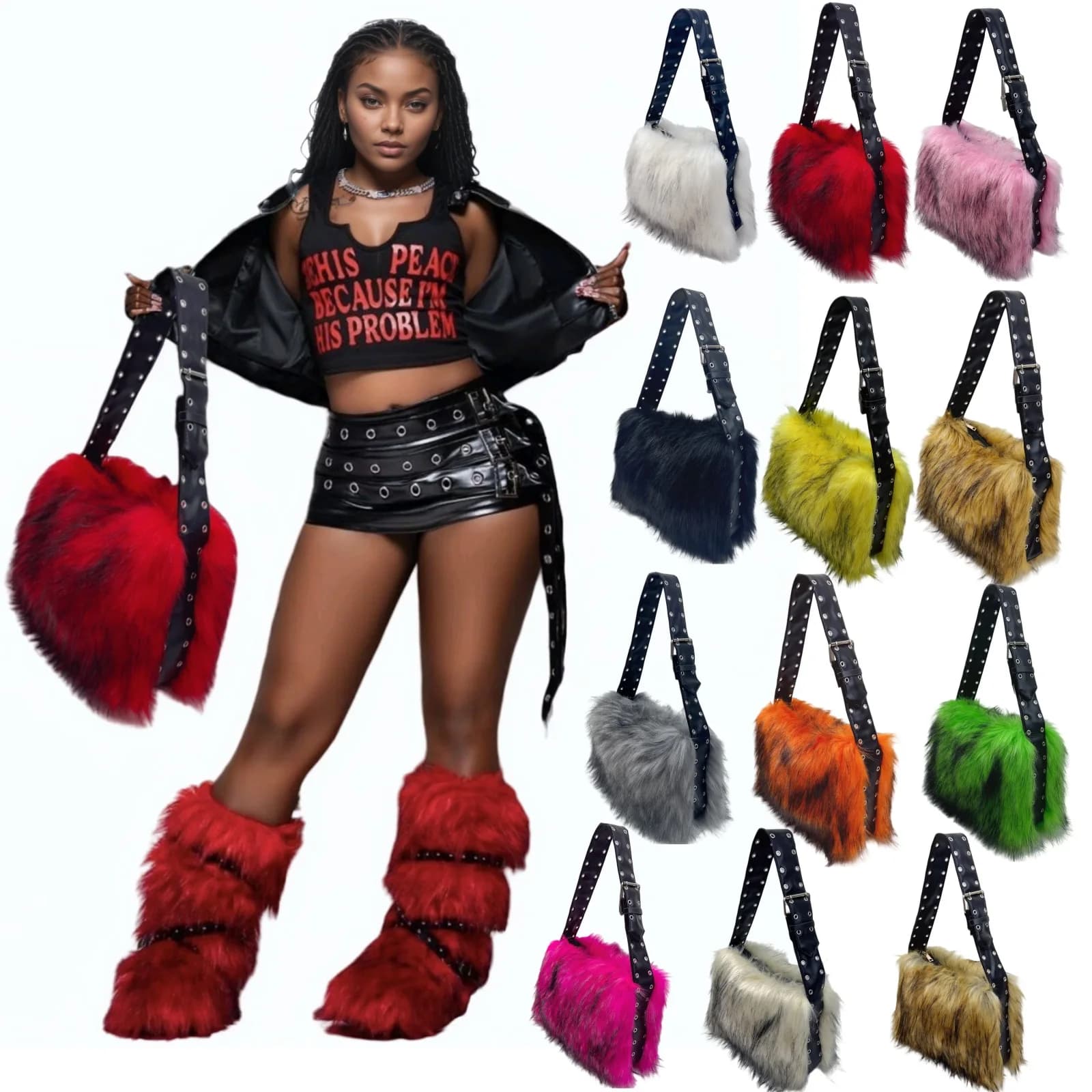 Candy Color Faux Fur Bags for Women Shoulder Bag Winter Fluffy Plush Handbags Luxury Designer Studded Wide Strap Tote Bag NEW
