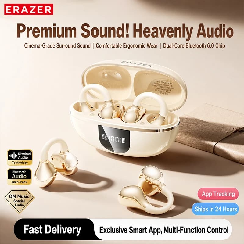 Wireless Earbuds Bluetooth 6.0 Open Ear Clip-On Headphones ERAZER EX338 AI Translator 150+ 30H Playtime Find Earbuds For Music