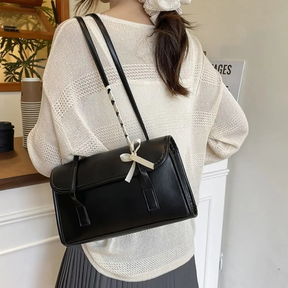 Leisure Sweet Y2k Bow Ribbons Shoulder Bag Pu Leather Large Capacity Girls Handbag Portable Solid Color Underarm Travel
