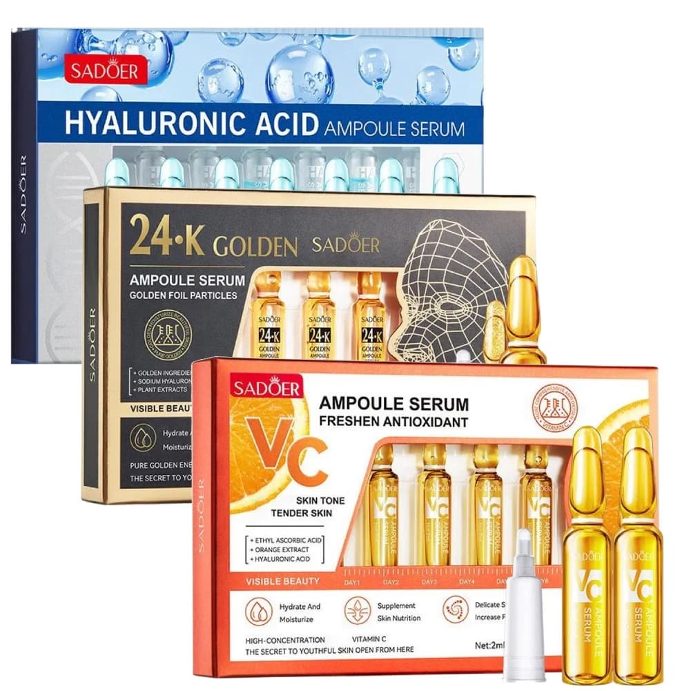 Kit 7 Pieces Siero Viso Vitamin C Whitening SADOER, Ampoules for Removing Macchie Scure and Lentiggini, Pore Minimizer with Hyaluronic Acid, Anti-Rughe