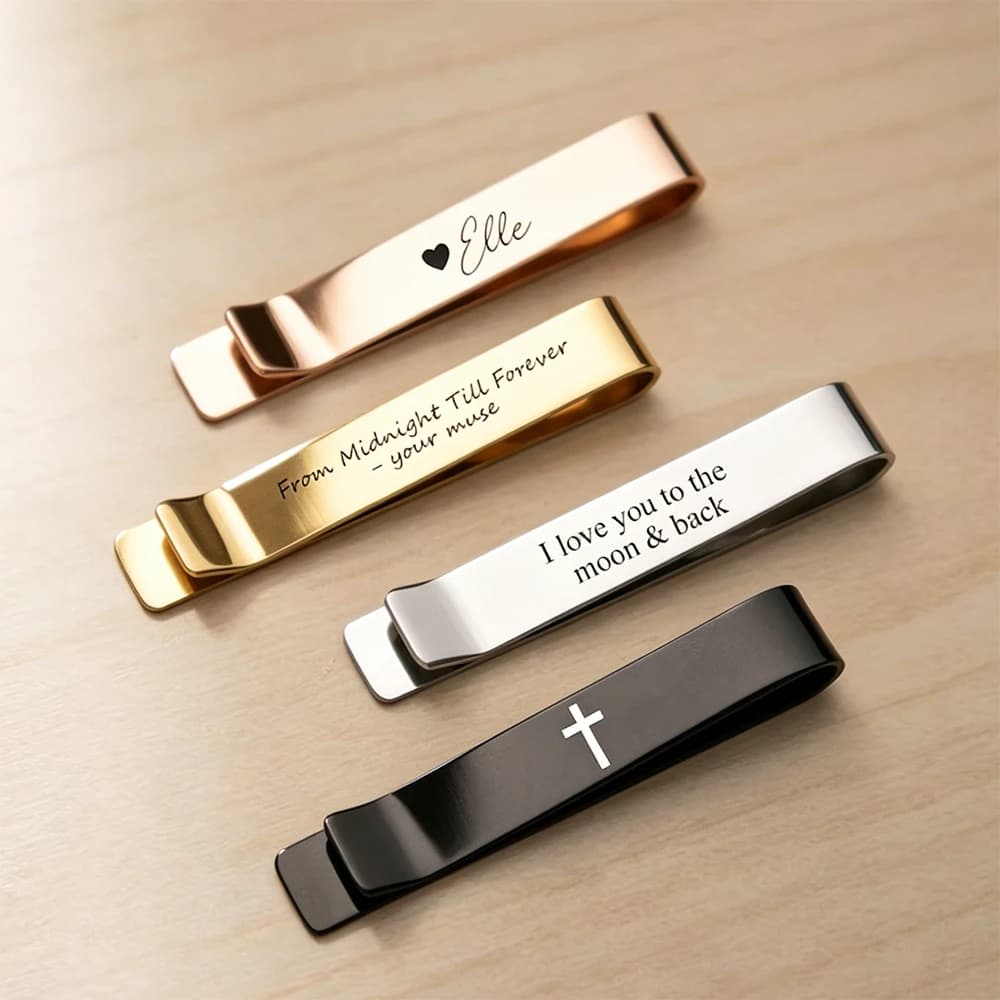 Exquisite metal tie clip with laser engraving, stylish for business & personalized taste.
