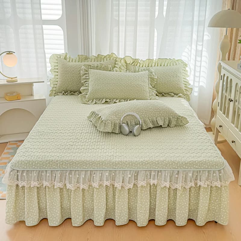 Quilted Duvet Cover with Volant, Sheets Printed to Flowers with Lace, Measures Single/Queen/King, Bed linen Soft
