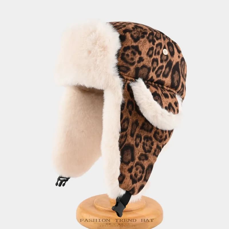 Unisex Winter Vintage Leopard Plush Ear Cover Hat Windproof Warm Thick Riding Cap