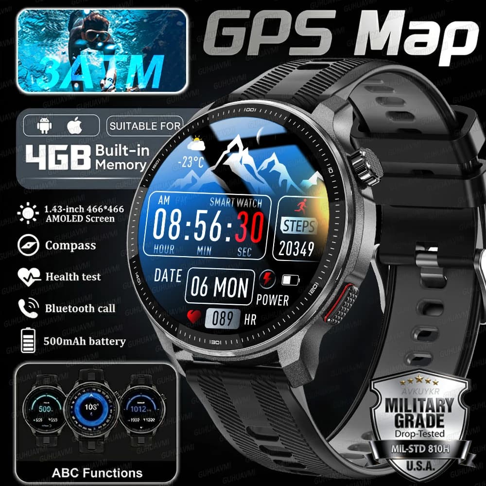 Nuovo Smartwatch GPS 2026 con Mappe Offline per Sport all'Aperto, Memoria 4GB, Display AMOLED 1.43'', Lettore Musicale e Video, Impermeabile, Chiamate Bluetooth