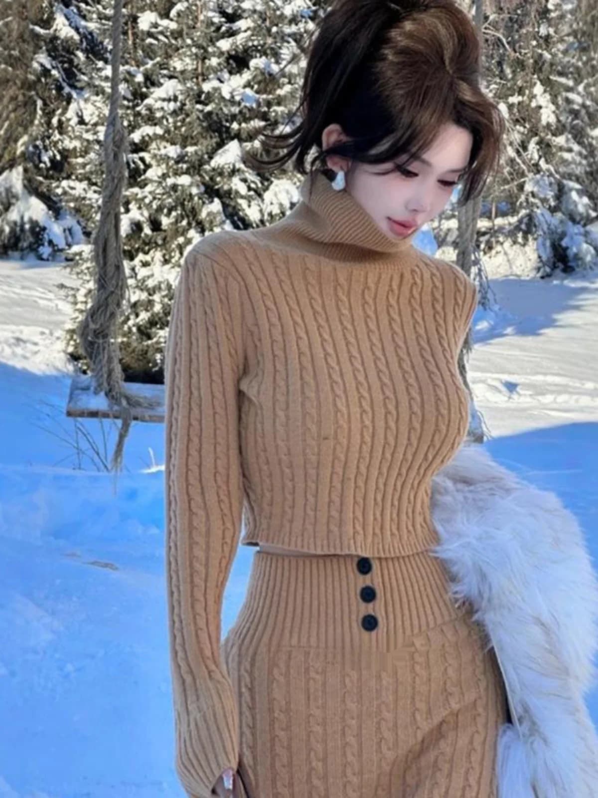 Ladies' Winter Knitted Set High Collar Long Sleeve Sweater And Skirt Lazy Style Fashionable Two-Piece Ensemble for Women