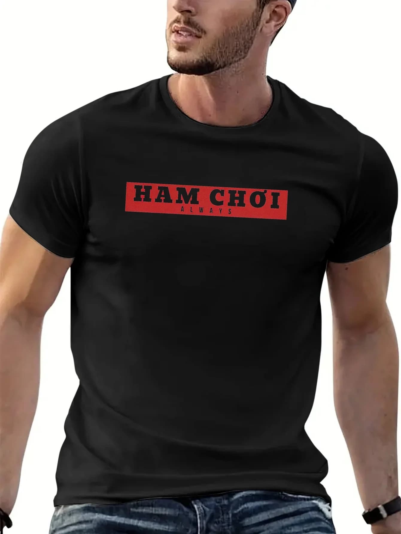 Streetwear Men's Black Graphic T-Shirt Bold Ham Choi Always Red Box Letter Print Statement Design 100% Cotton Heavyweight Short Sleeve Casual Streetwear Tee