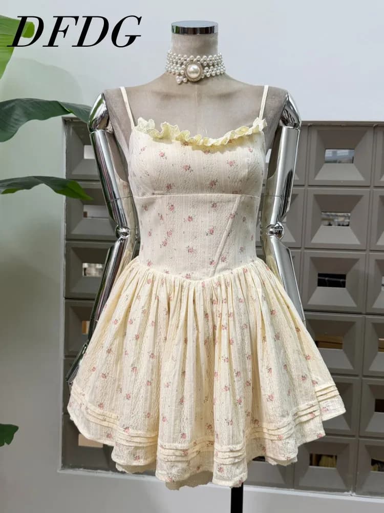 DFDG Abito Mini Estivo da Donna 2026 con Spalline Sottili, Stampa Floreale, Bordo Arricciato, Gonna Plissettata a Trapezio, Casual e Carino per Tutti i Giorni
