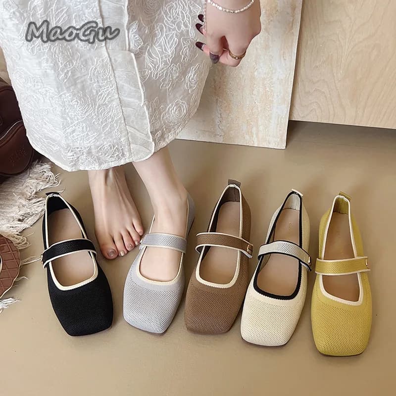Scarpe singole da donna nuove moda punta quadrata comodi mocassini piatti in rete cinturino con fibbia scarpe in tessuto suola morbida casual traspirante