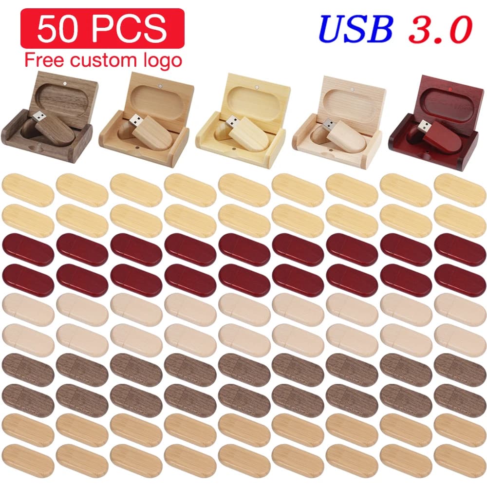 USB3.0 50 Pieces Lote USB 3.0 Flash Drive 128GB Free Custom Logo Memory Stick 64GB Wooden Box Gift Pen Drive 50PCS Pendrive 32GB