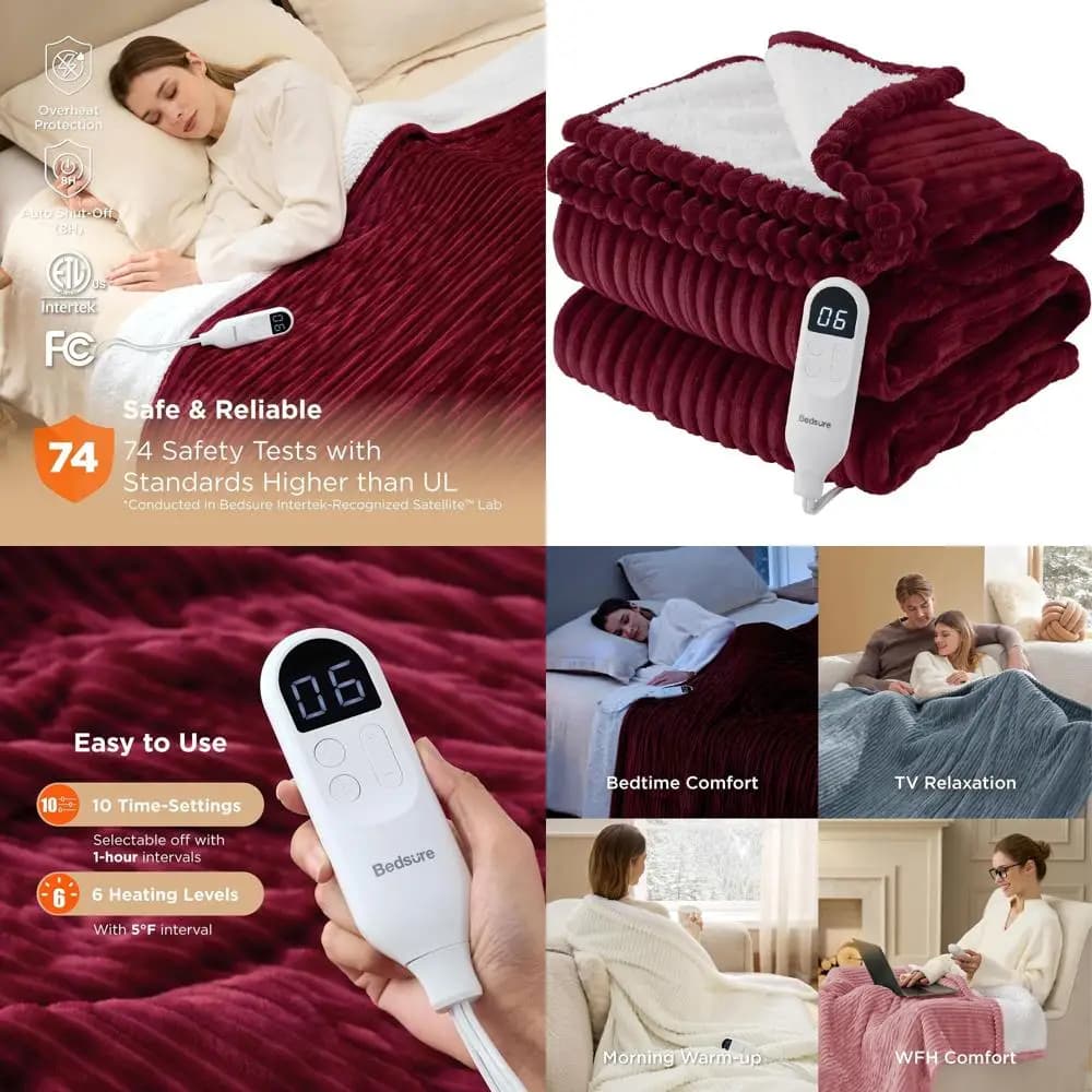 Coperta Elettrica in Flanella a Costine per Letto Singolo con 10 Timer, 6 Livelli di Calore e Spegnimento Automatico dopo 8 Ore