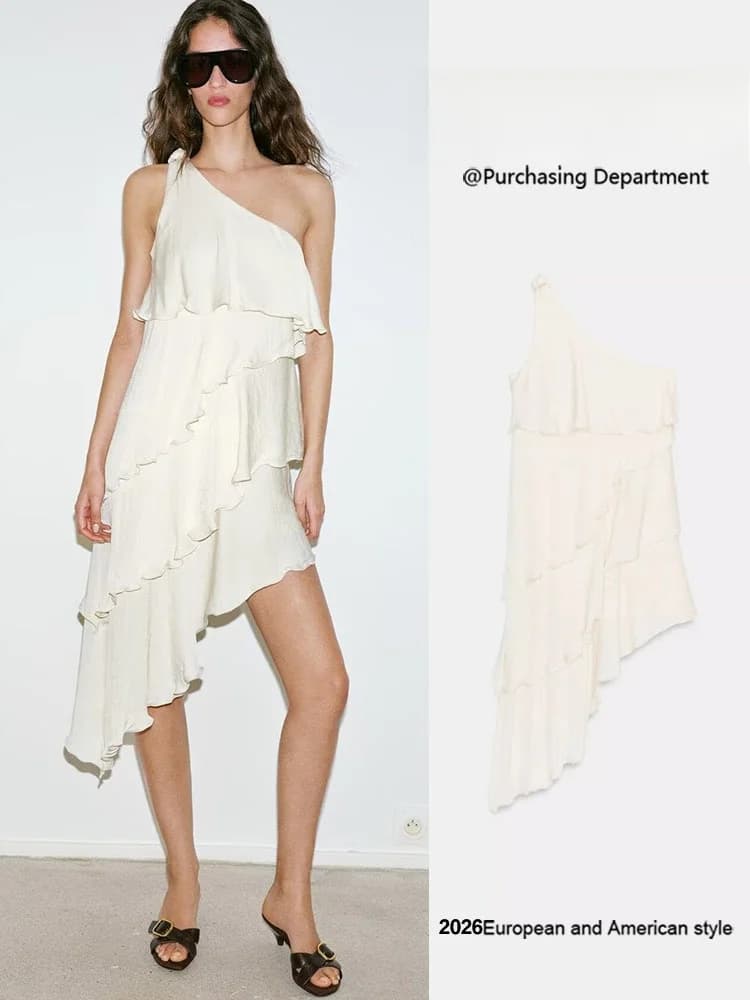 Nuovo Arrivo Estivo: Abito da Donna Elegante Senza Maniche, Tinta Unita con Dettagli in Pizzo, Design Asimmetrico sulla Spalla, Vestito da Sera