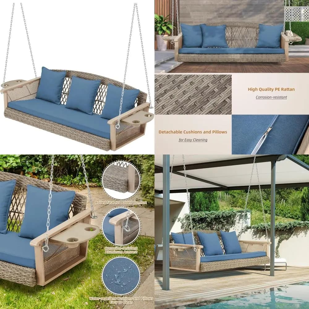 HOMREST Vimini porch swing for 3 people with updated cup holder, 55 inch patio swing bench with pillows Capacity 900 pounds