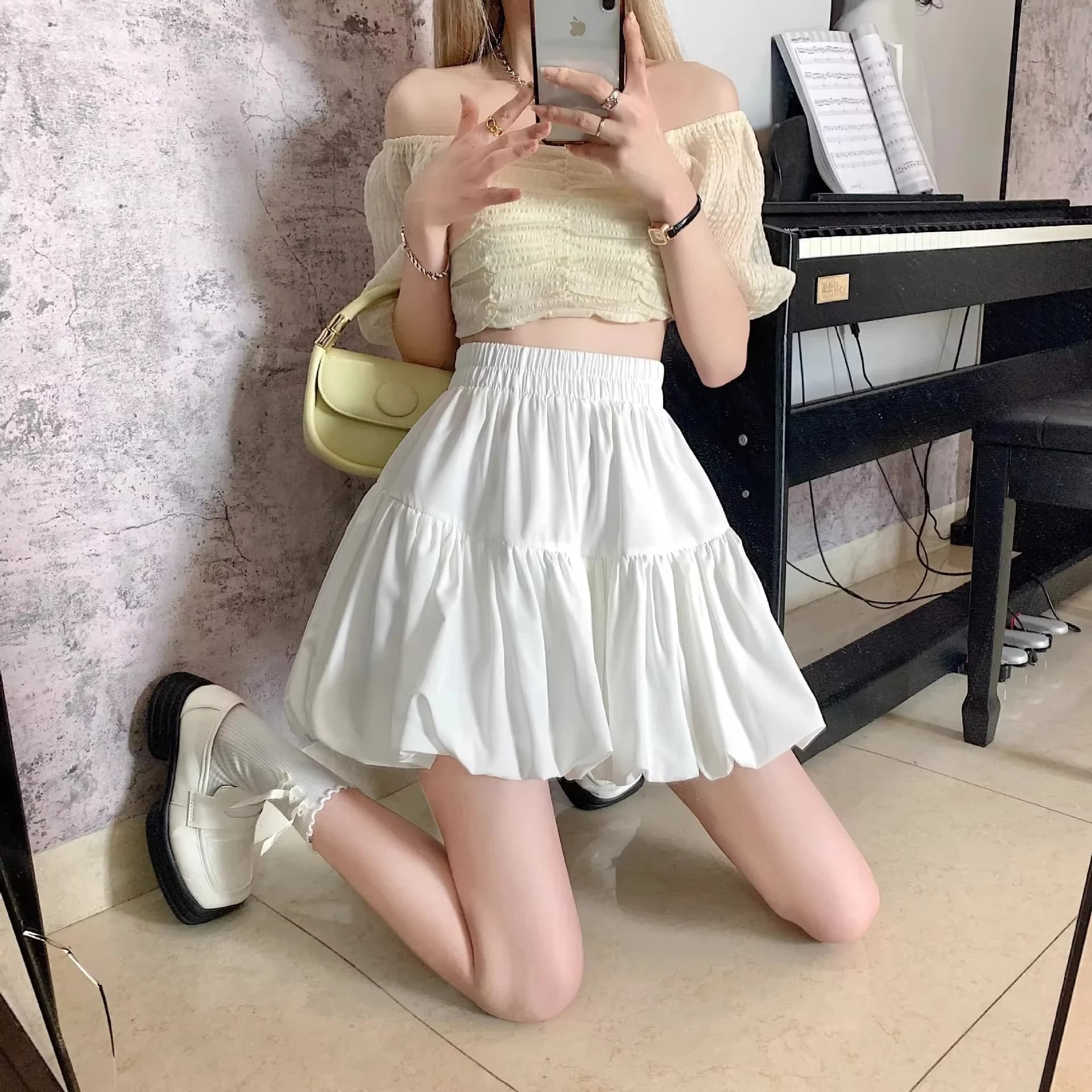 Summer High Waist Flared Sweet Pleated Mini Skirt Flower Bud Design Women's Slimming Cake Skirt Sweet Cute Balletcore Lolita Y2K