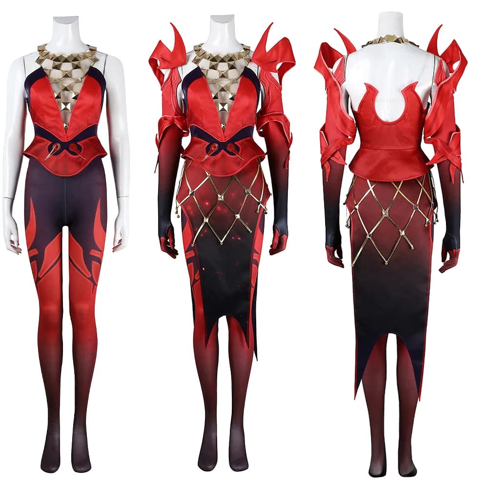 Gioco Rivals Scarlet Witch Costume Cosplay da donna Gonna superiore Calze Guanti Fermagli per le orecchie Set Abiti Vestito da festa di carnevale di Halloween