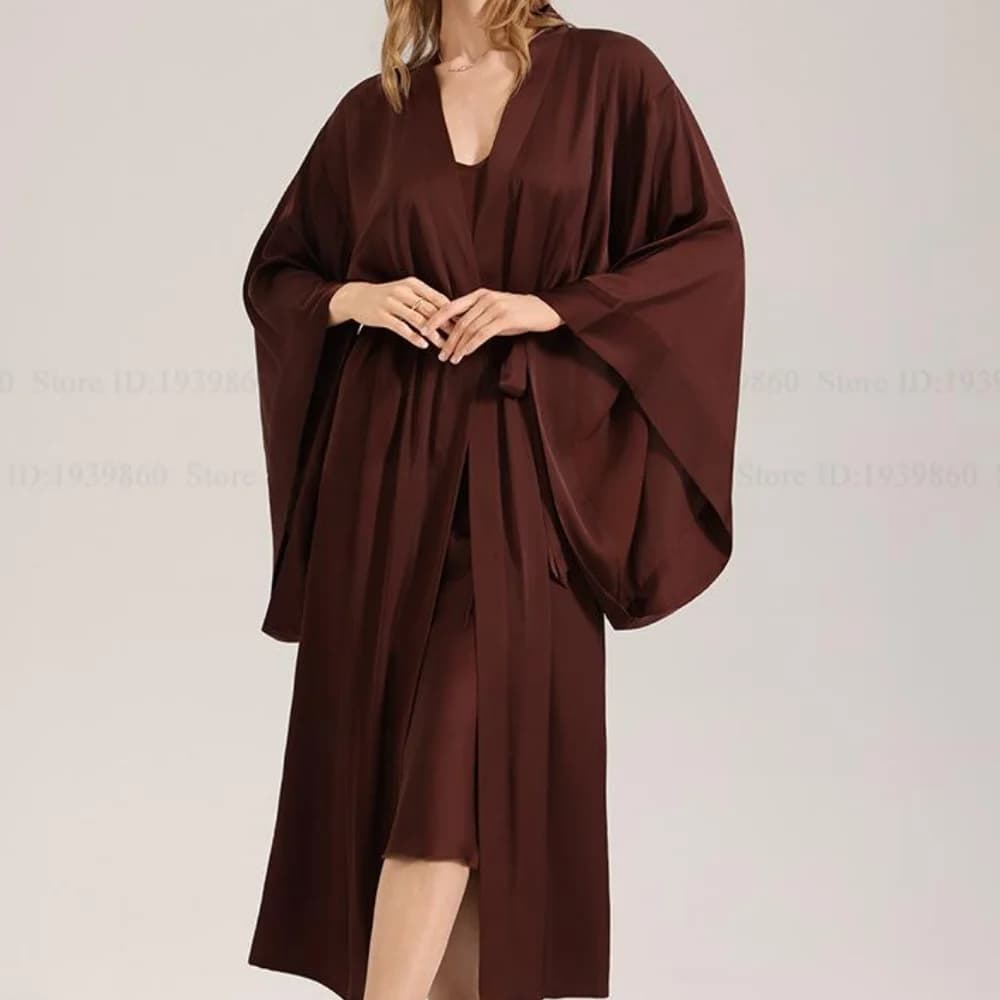 Women's Long Oversize Watch Home Fashion Silk Satin Brown Nightwear Bathrobe Kimono Large and comfortable Dress Pigiama