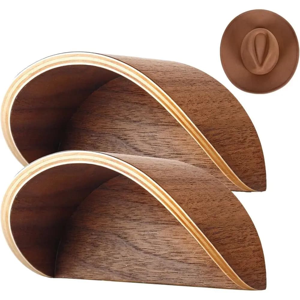 2-Pack Walnut Wall Mounted Hat Rack with Satin Finish Hooks, Non-Damage Brim Design, Western Hat Organizer