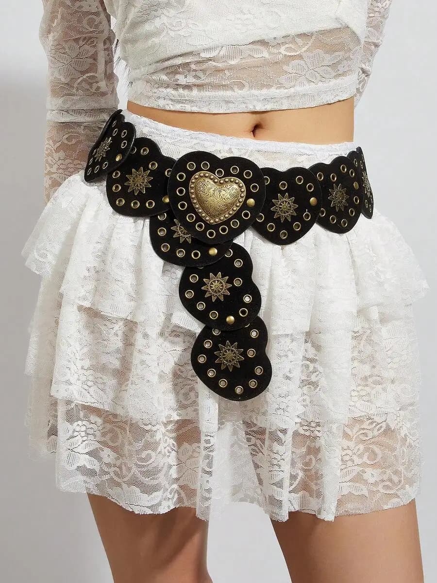 SGIAWETA-Plus Size XL/XXL Women's Belt, Y2K Girl Waist Belt, BOHO Style Heart Patchwork Rivet Decor Western Retro Velvet Black Belt Accessory, Suitable For Skirts, Music Festivals, Parties, Y2K, Plus Size, Valentine's Day-birthdaygift