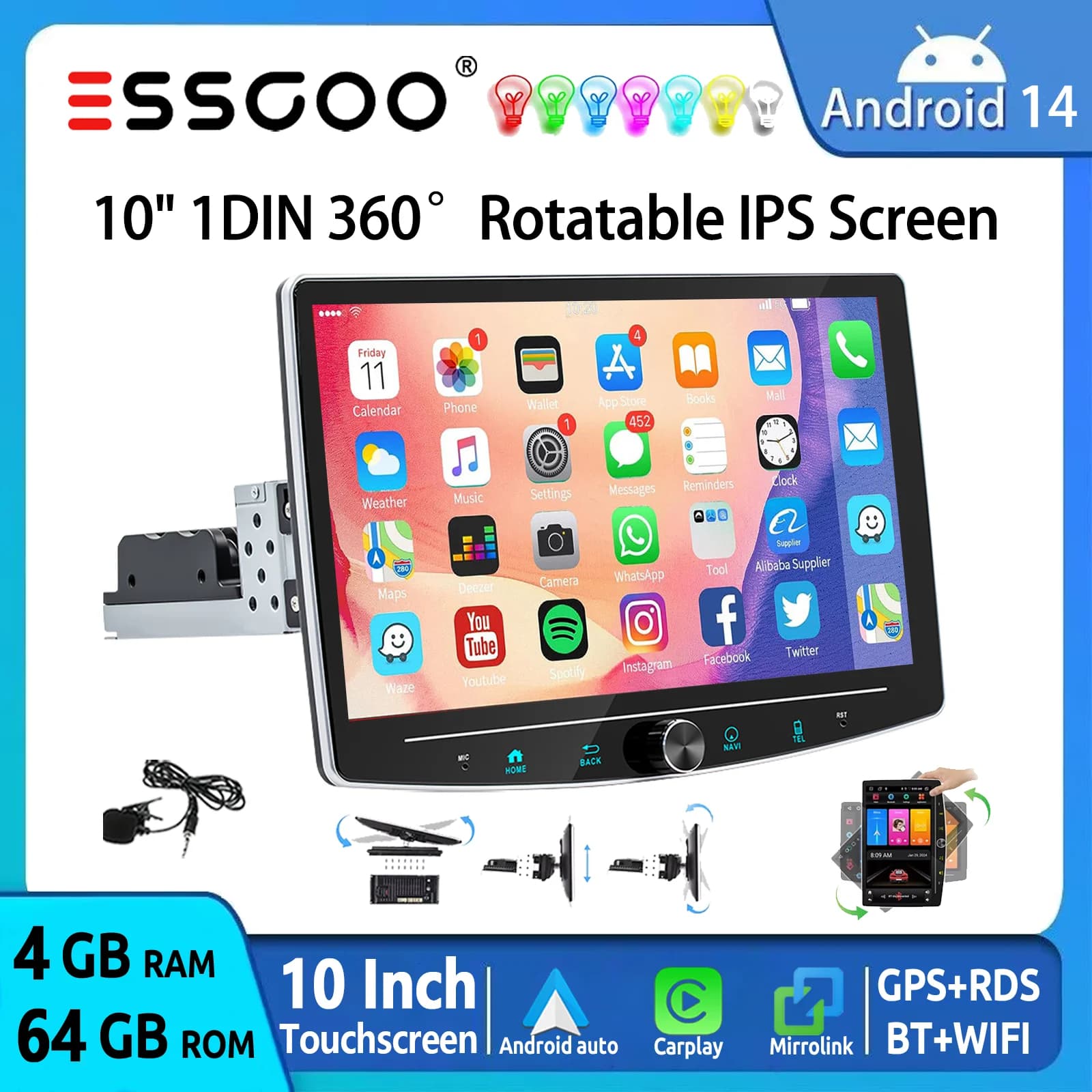 ESSGOO Autoradio Android 14 10,1" Display Touchscreen 4-Core 4+64G Carplay Android Auto Universale 1 DIN Schermo IPS Rotante a 360° GPS NAVI FM RDS BT WiFi Mirror Link SWC con Microfono