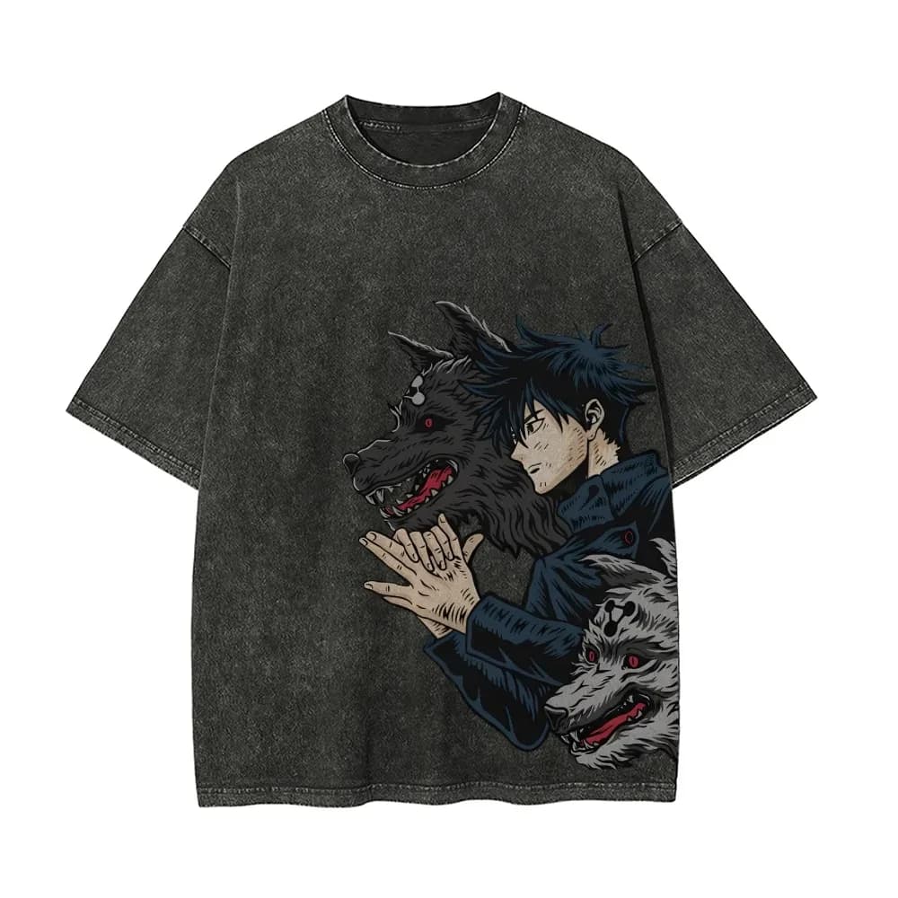 Maglietta Megumi Fushiguro da Uomo, Jujutsu Kaisen, Cane Divino, Vintage, Effetto Acid Wash, Streetwear Oversize, Retro, Anime Giapponese, T-Shirt in Cotone