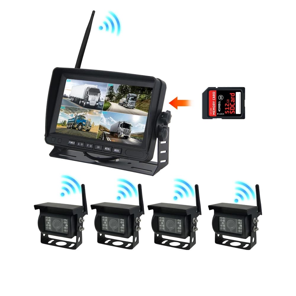 Kit di Monitoraggio con Telecamera Wireless, Sistema di Visione Posteriore 4CH con Schermo da 7 Pollici, Telecamera Wireless per Retromarcia con Scheda SD per Bus e Rimorchi