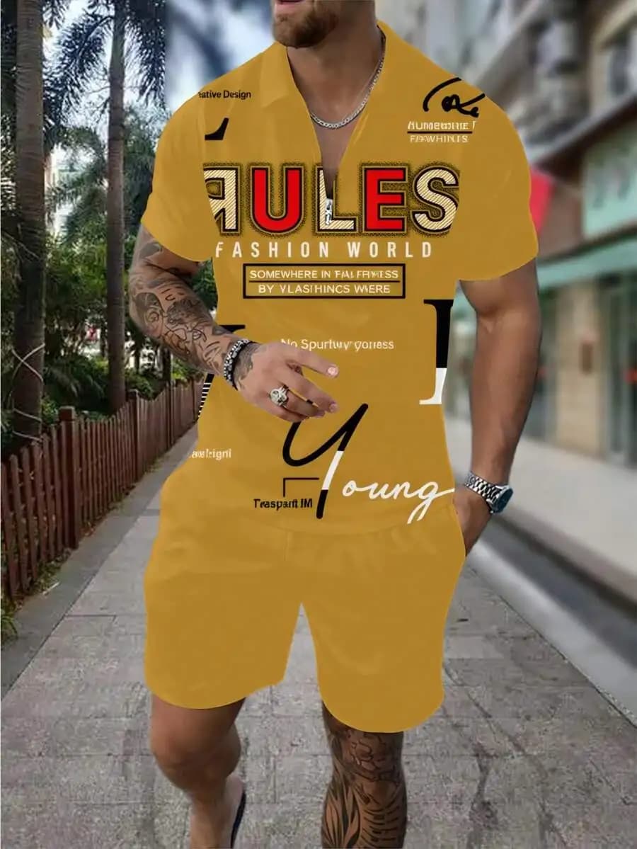 Mens 2-Piece Summer Casual Zip Shirt And Shorts Set Street Style Outfit