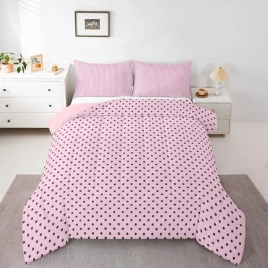 Brown Pink Polka Dots Girls Queen Duvet Quilt Geometric Cute Bedding Set Kawaii Aesthetic Comforter Boho Brush Stroke Room Deco