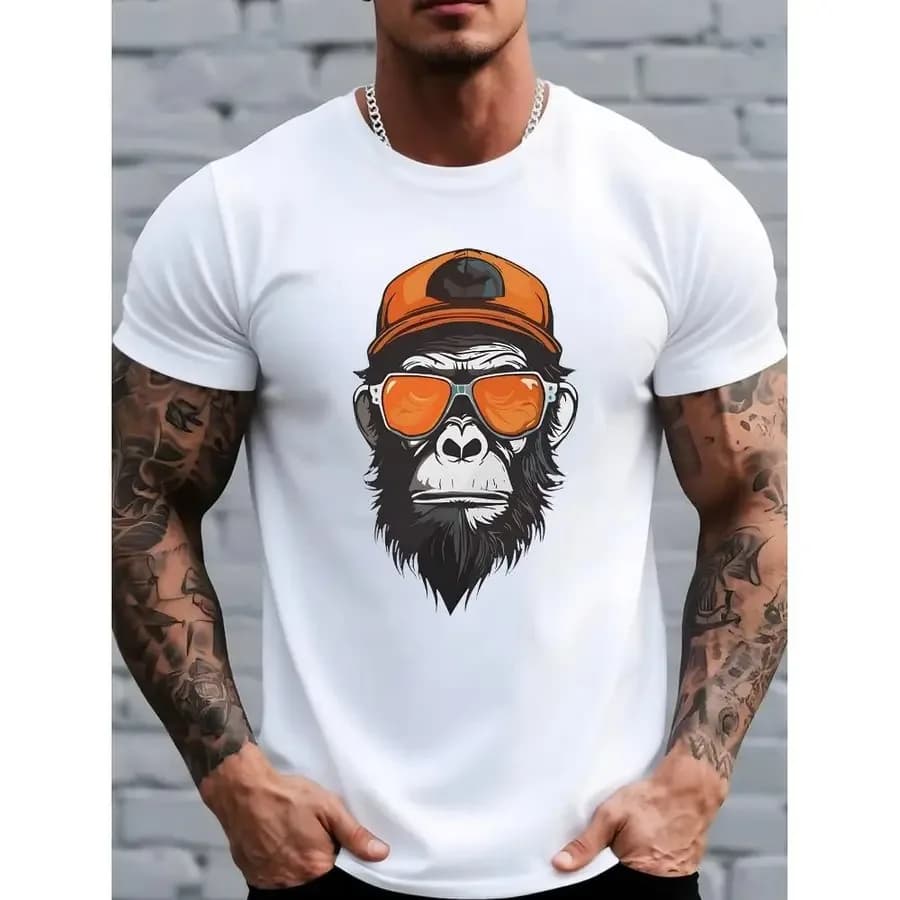 【Nuovo arrivo】 T-shirt grafica unisex con scimmia cool con occhiali da sole e berretto, streetwear, hip hop, casual, a maniche corte, bianca