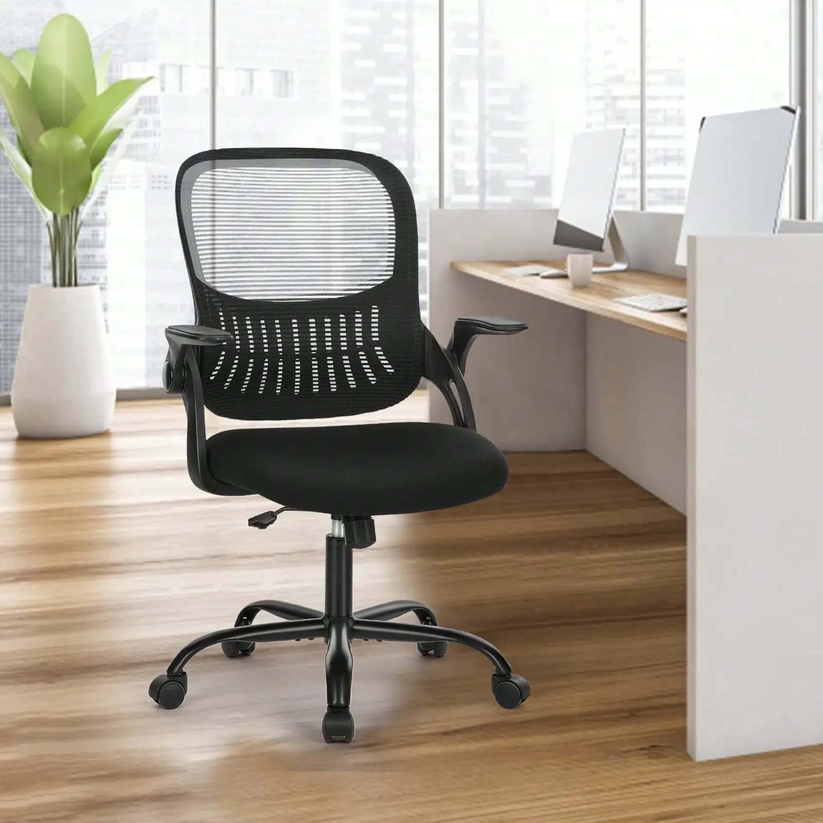 Sedia da ufficio, sedia da scrivania, sedie da ufficio ergonomiche per casa e ufficio, sedia per computer con braccioli ribaltabili, sedie da scrivania in rete con ruote, sedia da ufficio, sedia da lavoro con schienale medio e supporto lombare ergonomico, nera