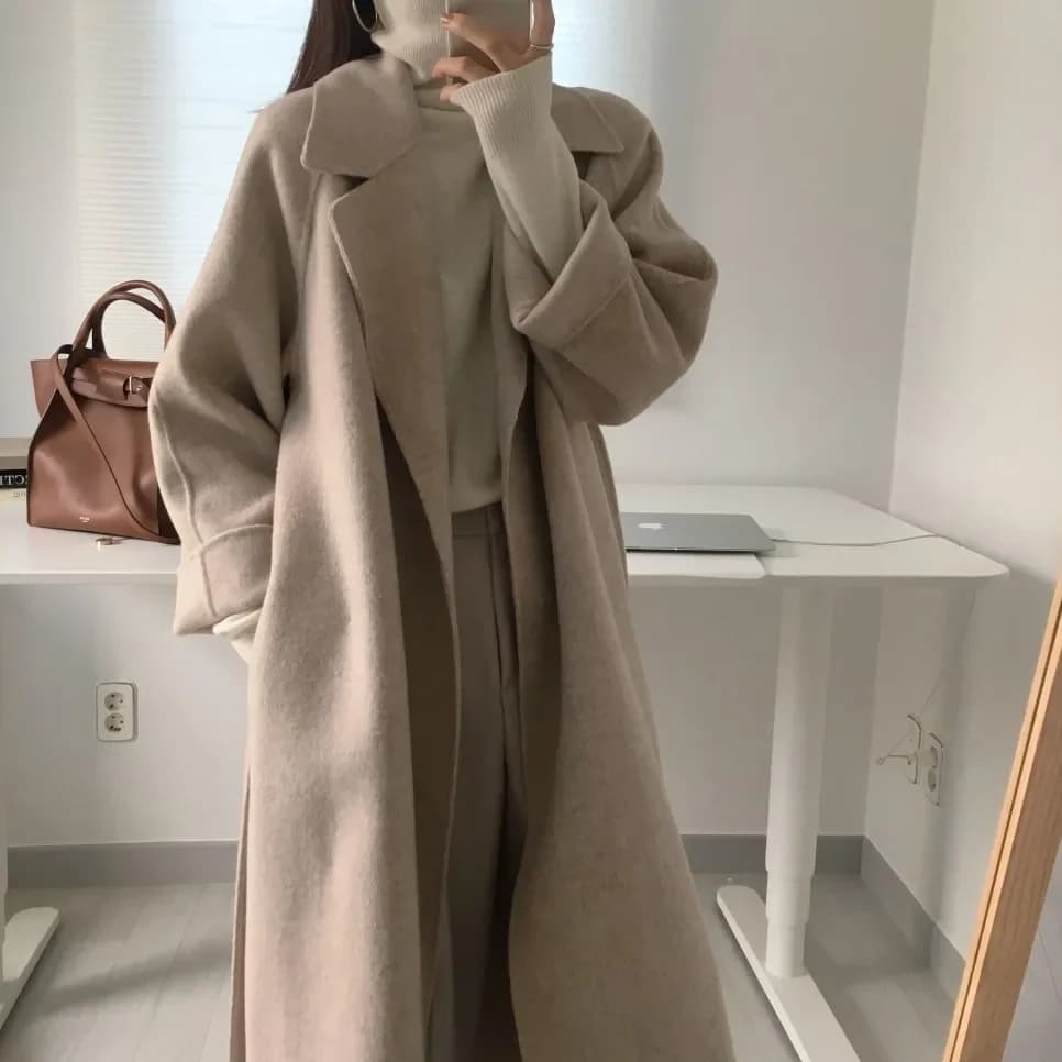 Women's 2025 Autumn Winter Mid Length Adjustable Waist Thick Casual Long Sve Fashion Wool Coats Ele Woolen Coat