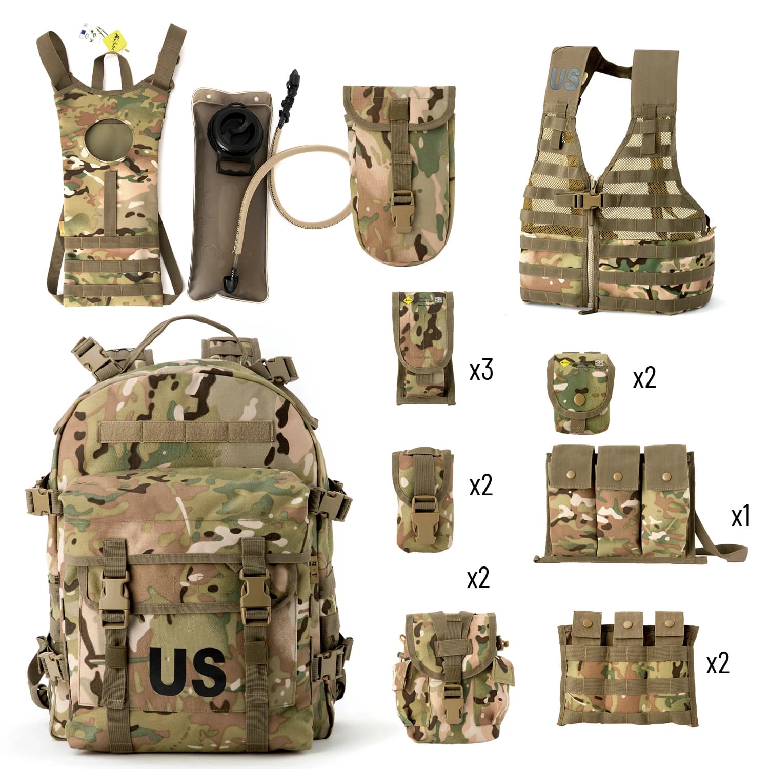 AKmax Military tactical vest MOLLE II Set FLC with external pockets, assault backpack and hydration package - Camouflage