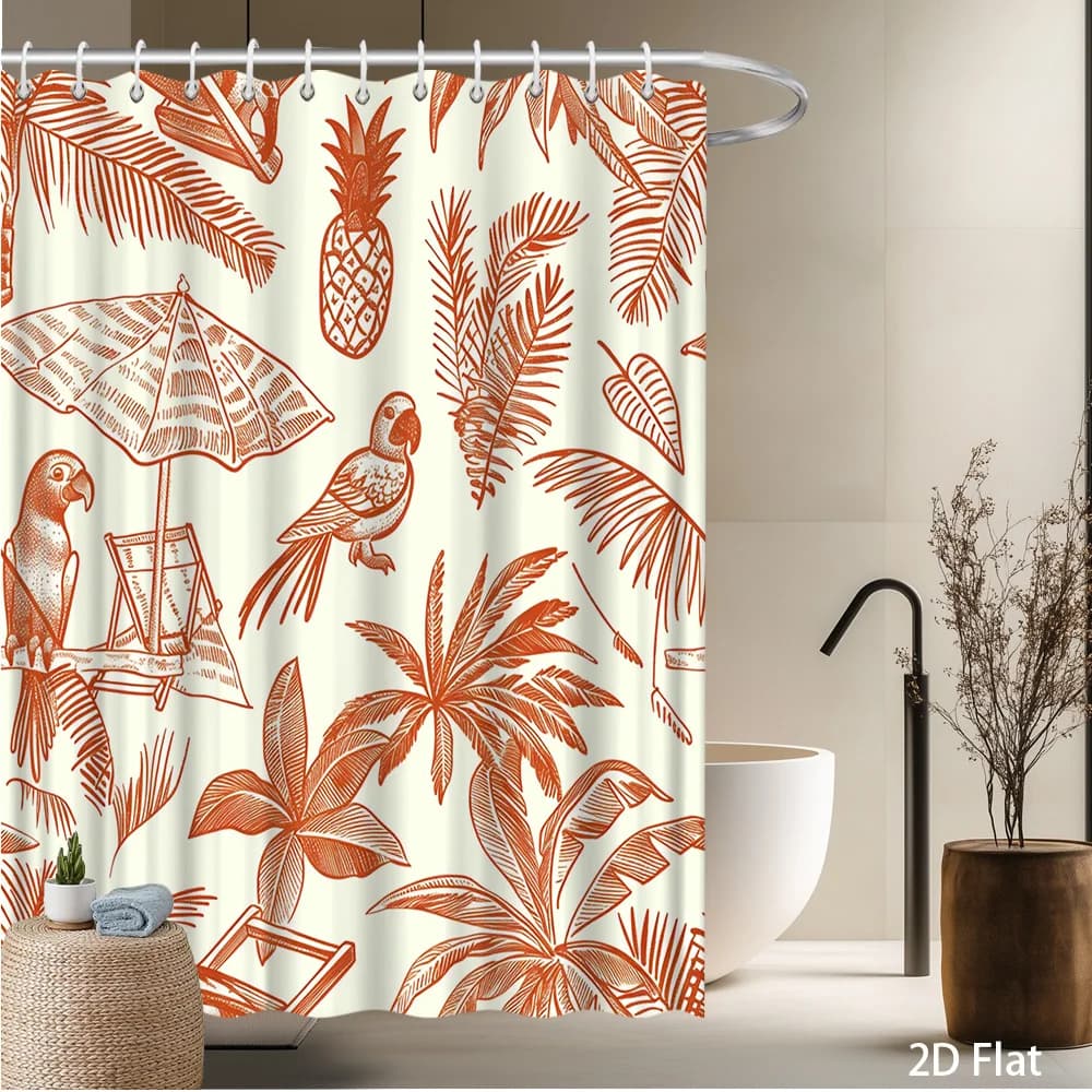 Tenda da doccia con pappagalli tropicali e foglie di palma – Design con uccelli esotici, ananas e ombrellone da spiaggia, 59x70,8 pollici e altre misure