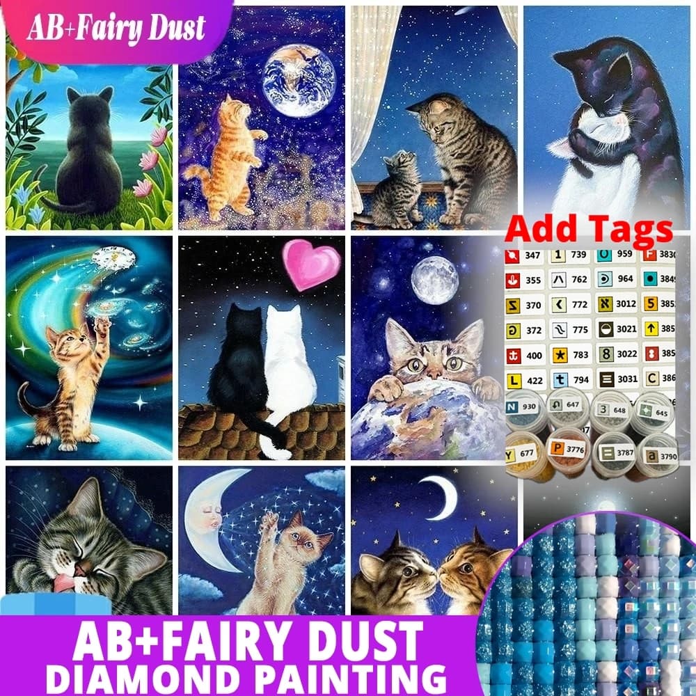 With Symbol Sticker AB Fairy Dust Drills Full Square Diamond Painting Cat Moon Cross Stitch Diamond Animal Mosaic Rhinestone Han