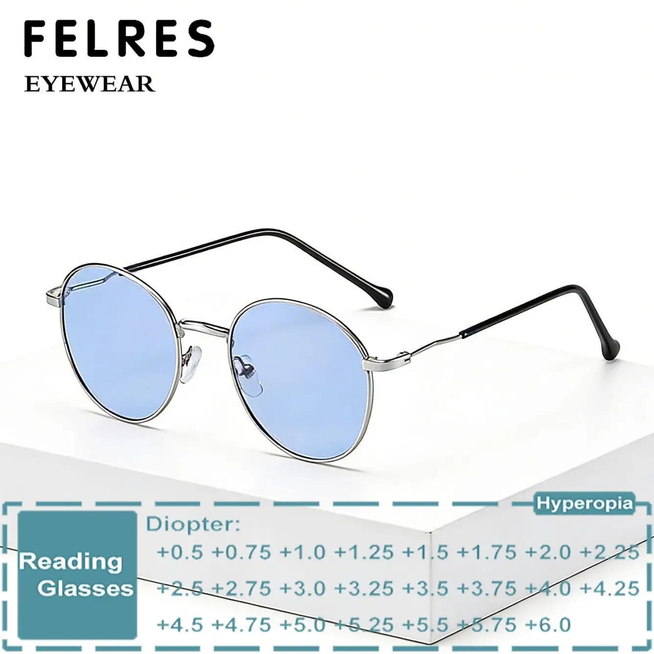 Occhiali da Sole Circolari in Metallo Blu per Lettura, Unisex, Lenti Monofocali per Presbiopia, Protezione Solare per Esterni, Personalizzabili con Diottrie
