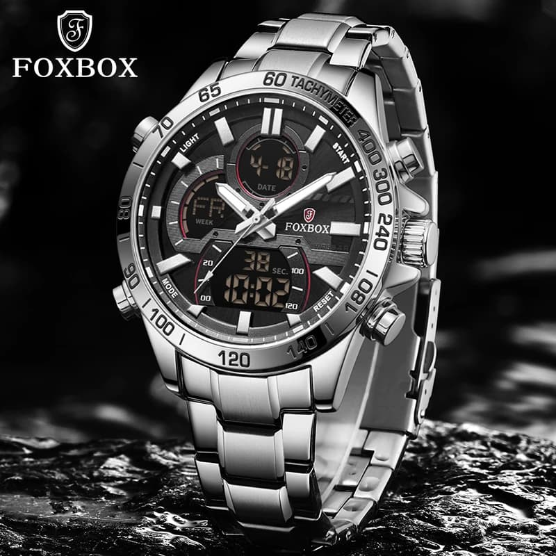 FOXBOX Luxury Men's Watch, LIGE Fashion LED Digital Watches, Men's Gift, Waterproof 50M, Bright, Stainless Steel, Quartz, Reloj