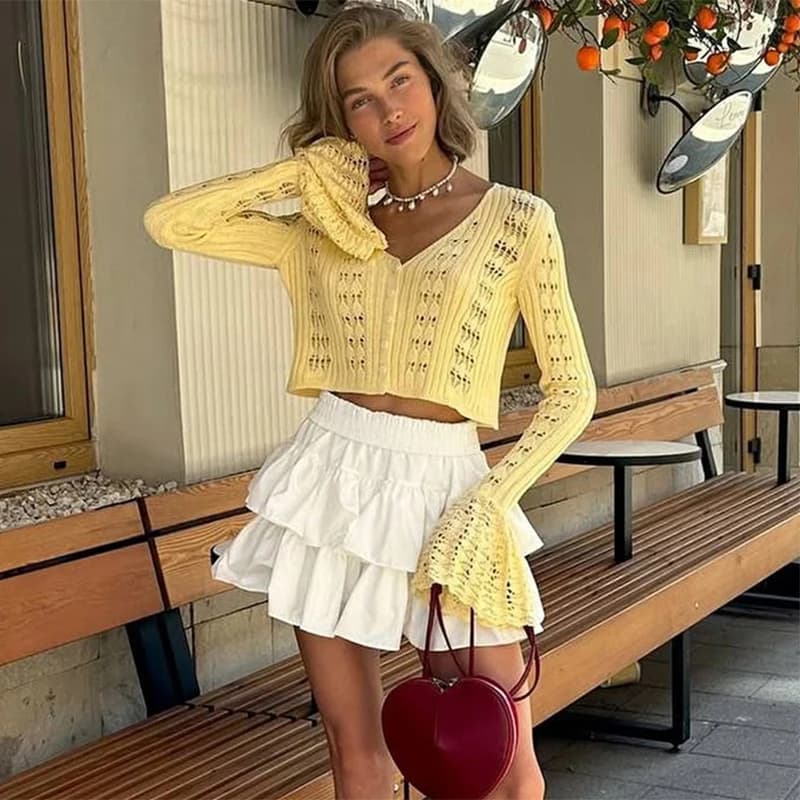 Trendix Cardigan a maniche lunghe lavorato a maglia estivo per donna Scollo a V Solido aderente Scava fuori Top corto Party Club Slim Holiday Top Femme