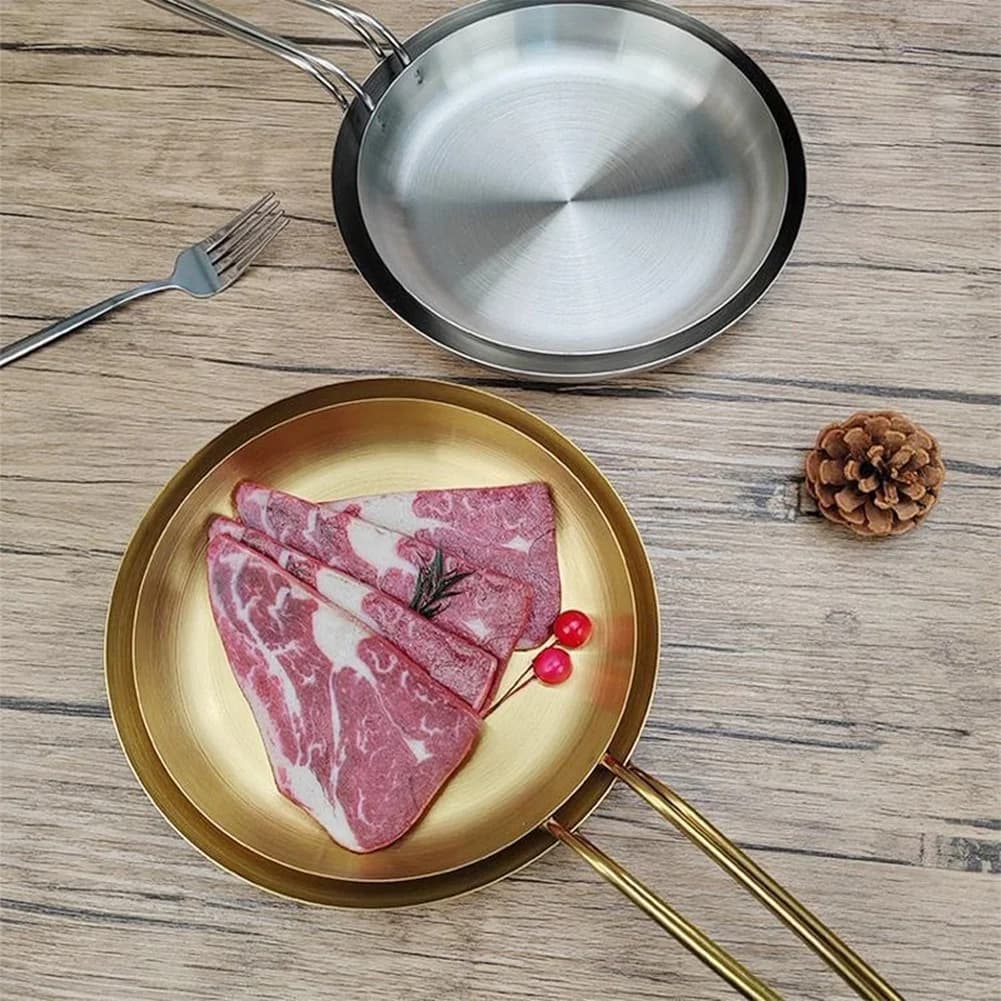Padella in Acciaio Inox Dorata/Argentata, Piastra per Bistecche, Vassoio Rotondo per Arrostire, Pentole e Accessori da Cucina