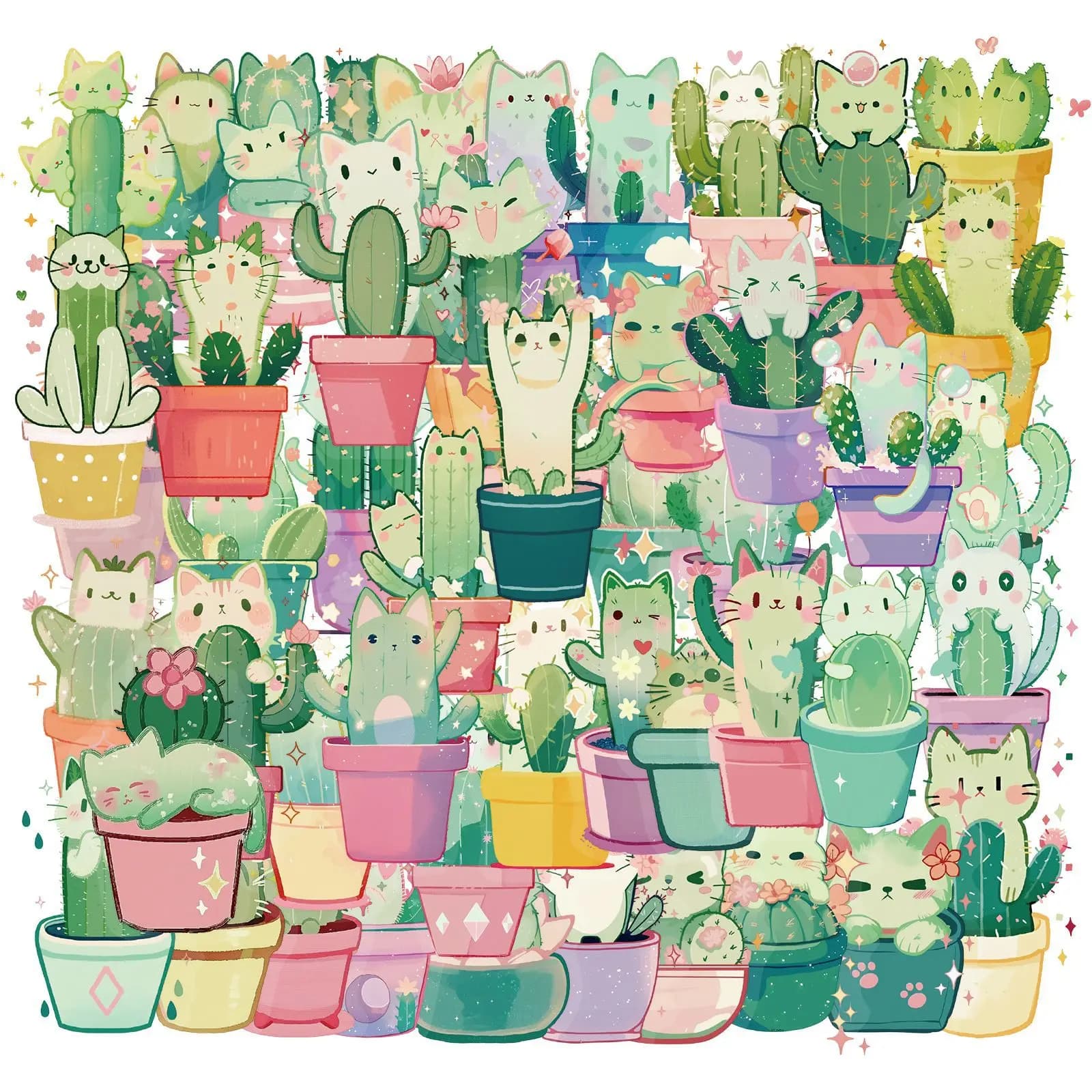 50 pezzi adesivi gatto kawaii cactus gatto albero torre adesivi fai da te scrapbooking telefono bagagli skateboard decalcomanie matcha impermeabili