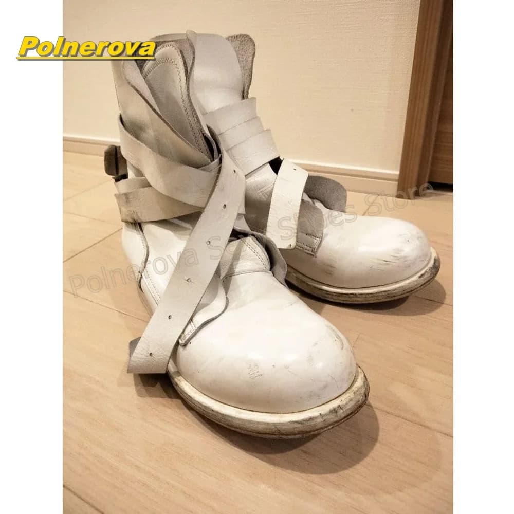Women Vintage White Motorcycle Boots Multi Strap Buckle Mid Calf Boots Square Heel Wrapped Strap Gothic Punk Streetwear Shoes