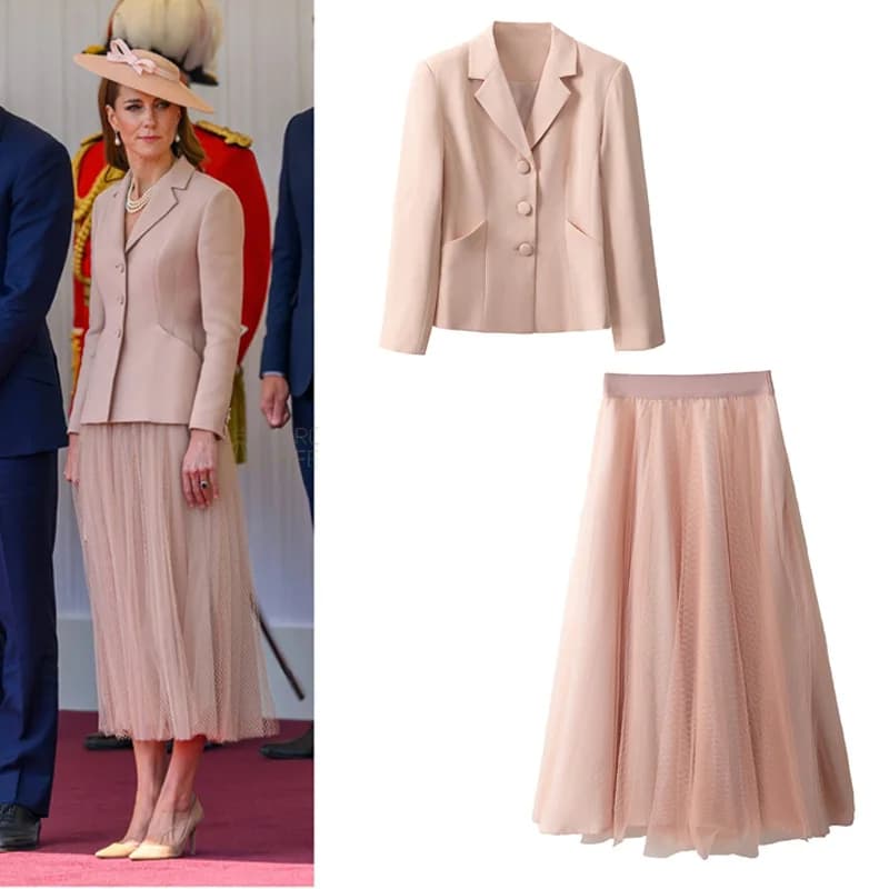 Set top e gonna da donna con colletto rovesciato a maniche lunghe rosa tinta unita