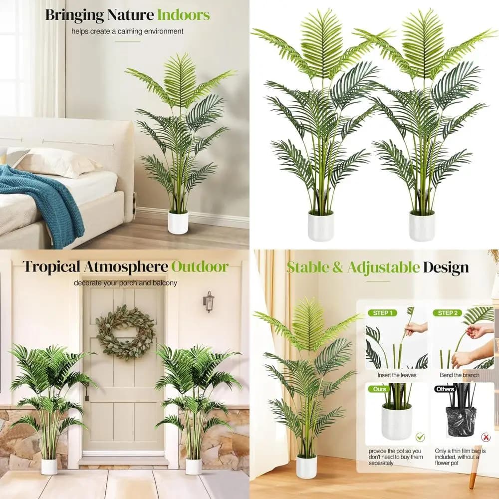 Set di 2 Vasi Alti Bianchi con Palme Artificiali e Piante Areca per Arredamento Casa e Ufficio