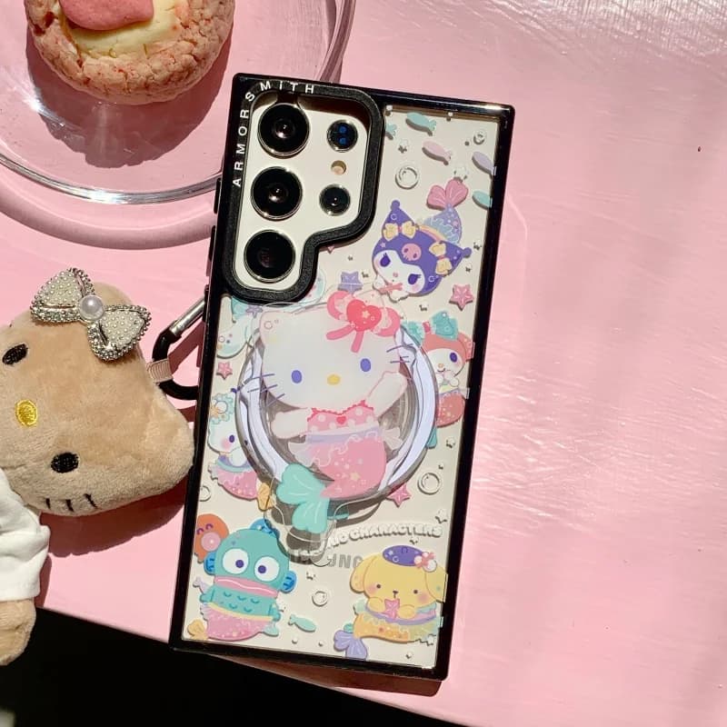 Cute Mermaid Sanrio Collection Phone Case for Samsung Galaxy S23 S25 Ultra S24 FE Plus with Magnetic Stand