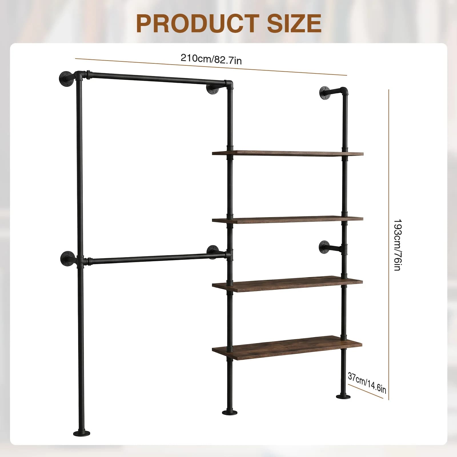Industrial Pipe Clothing Rack Large Capacity Wooden Clothes Storage Shelves Metal Wall Clothes Rack for Closet Storage & Bedroom