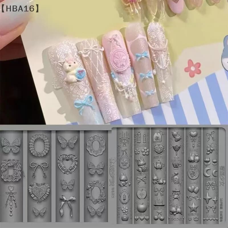 maveraHBA16 Stampo per nail art in silicone Cartoon Fiocco in pizzo Coniglio Candela Luna Fiore Fragola Nail Art Decorazione fai da te Strumenti di progettazione dello stampo