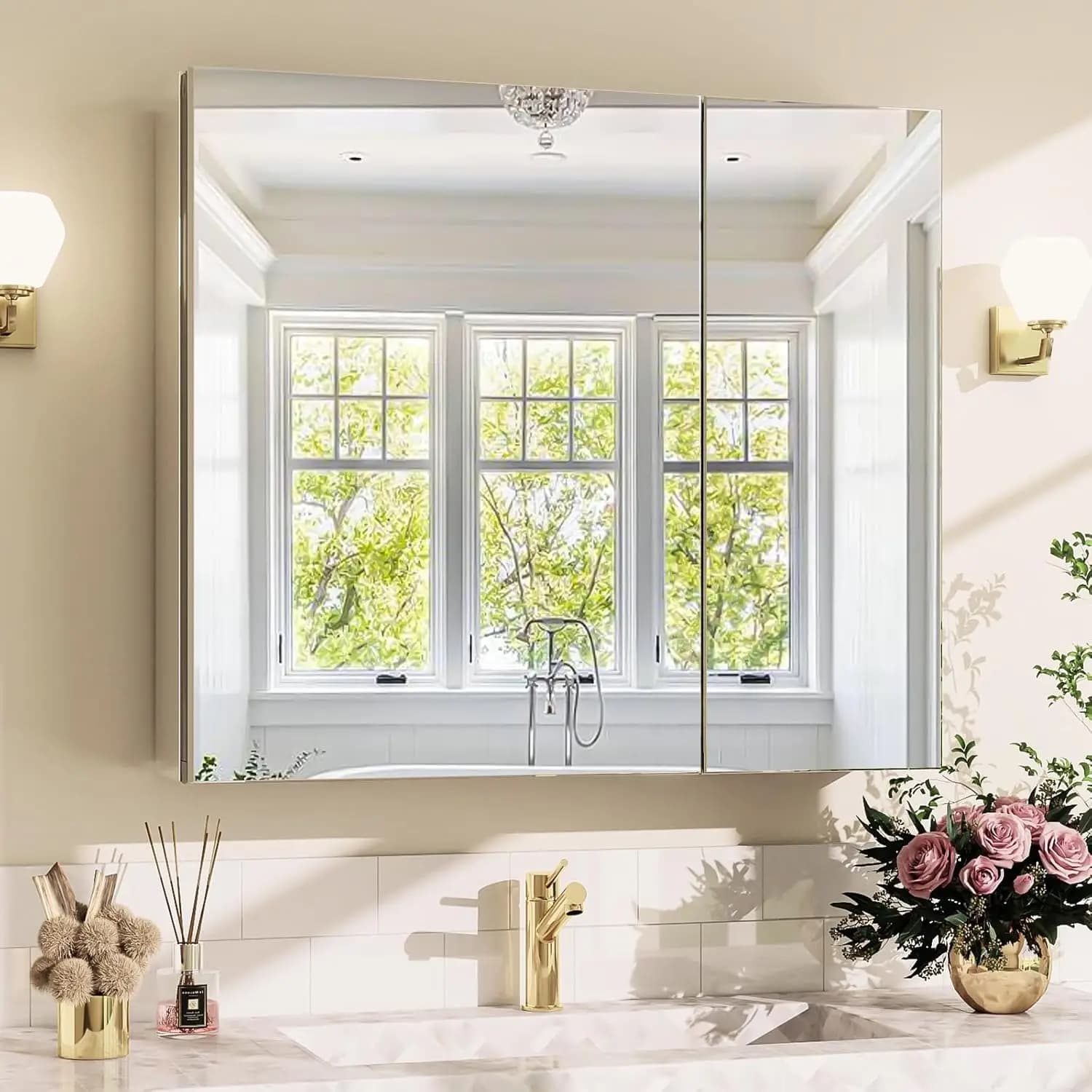 Bathroom Medicine Cabinet Mirror with Storage, 30 Inch x 26 Inch Silver Medicine Cabinet with Double Door &, Customized