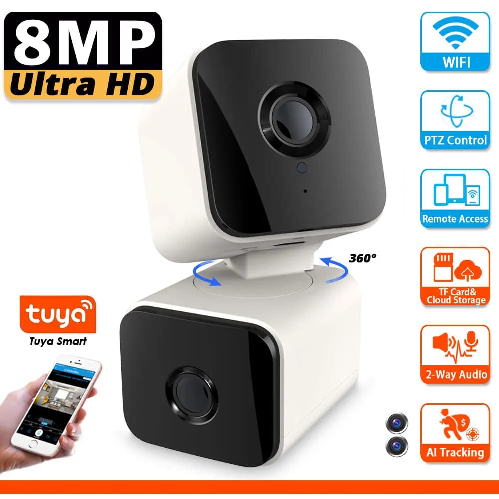 Mini telecamera WiFi intelligente Doppia lente 8MP Due schermi PTZ HD Video sorveglianza Telecamera IP Wi-Fi interna Baby Monitor Cam wireless Tuya