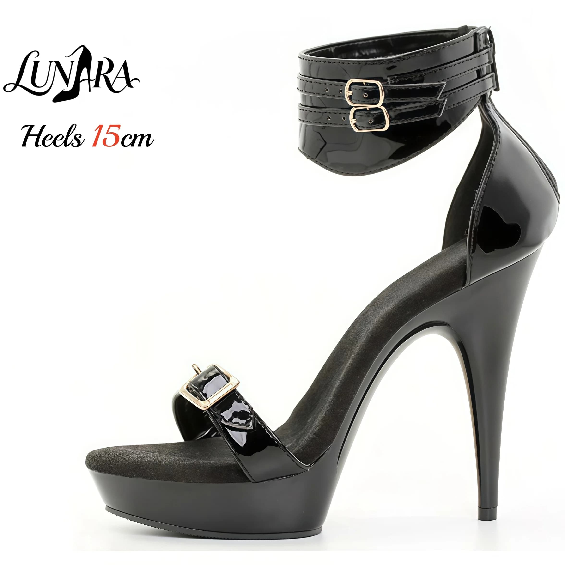 15cm Black Patent PU High Heel Sandals Double Buckle Ankle Cuff Open Toe Non-slip Sexy Stage Performance Nightclub Shoes