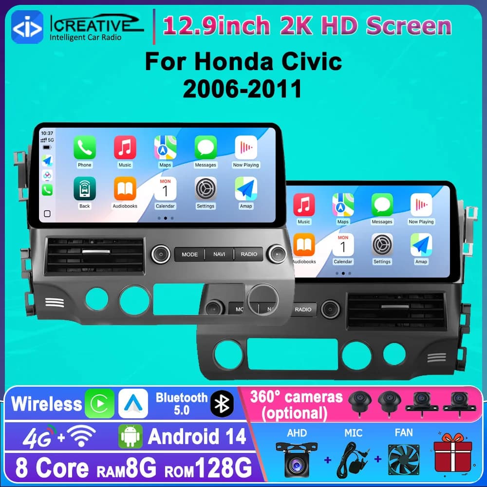 12.3 "Android 14 Carplay Auto Radio Lettore Multimediale Per Honda Civic 8 2005-2012 2Din DSP Stereo Navi 8 Core HU 4G Wifi BT