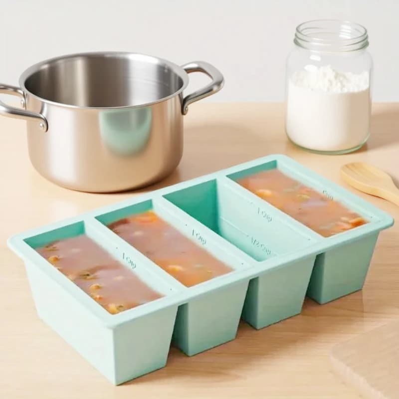 1Pc Silicone Freezer Tray With Lid 4 Grids Storage Boxes Food Freezing Container Frozen Packaging Box Home Kitchen Supplies